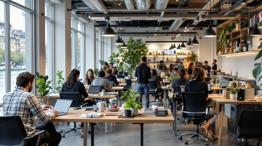 Freelancer und Start-up-Gründer arbeiten gemeinsam in einem modernen kostenlosen Coworking-Space in Zürich mit Blick auf die Limmat