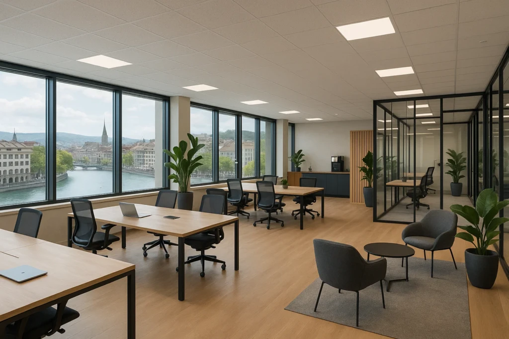 Moderner Coworking Space in Zürich mit Hot-Desks, privaten Büros und Blick auf die Limmat, stilvoll und funktional eingerichtet